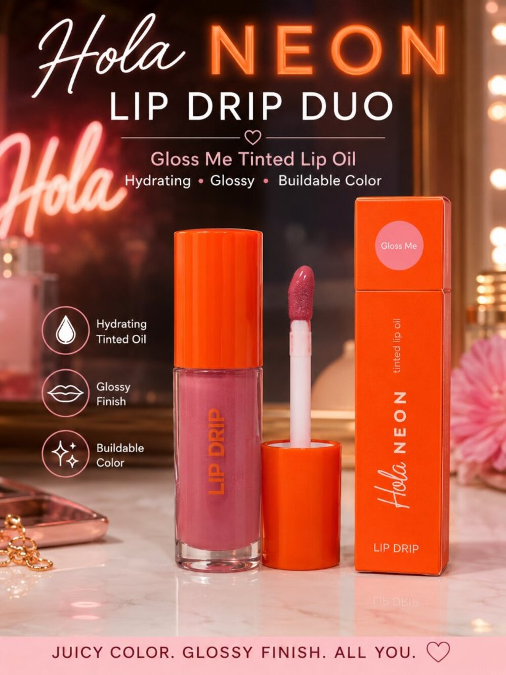 Hola Neon Lip Drip Tinted Lip Oil Gloss Me Hydrating Glossy Lip Oil NIB